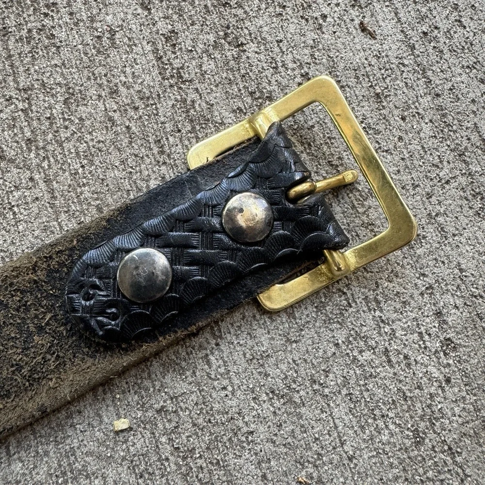 Vintage Black Leather Belt Brass Square Buckle Western Biker Sz 32 50s 60s